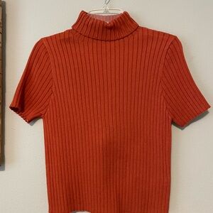 Pink Lily Ribbed Short Sleeve Mock Neck Top - Rust Orange